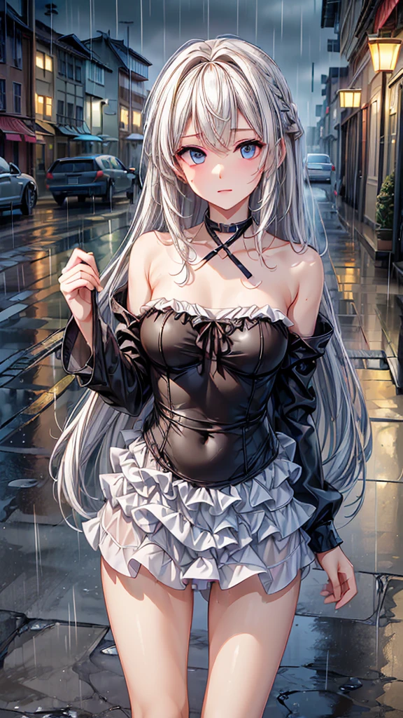 ((best quality, 8k, masterpiece:1.3)), Key Points:1.2, Perfect body beauty:1.4, Hips:1.2, ((Layered Hairstyle, breast:1.2)), (Wet clothes:1.1) , (rain, street:1.3), Bandeau dress: 1.1, Highly detailed face and skin texture, Beautiful eyes, Double eyelids, Whitens skin, Long hair, (shut up: 1.3)