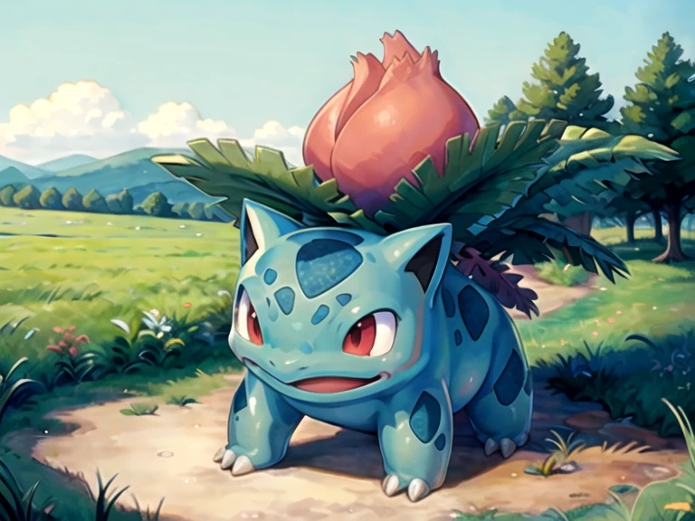 ivysaur, whole body, natural pokemon design, standing four legs, Solo, sunny meadow