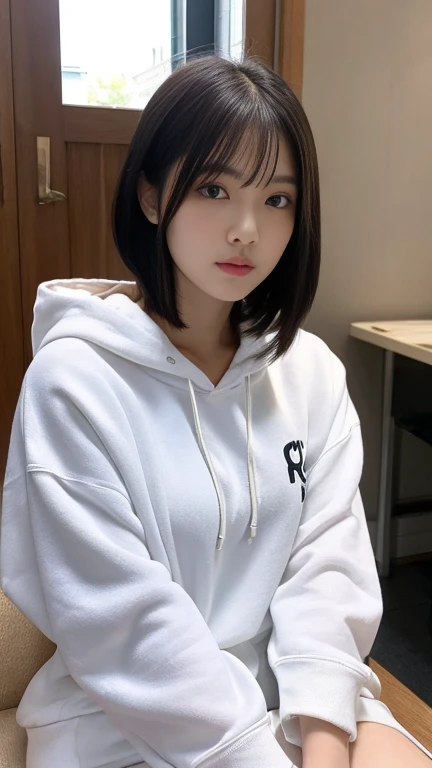 masterpiece, best quality,(realistic, photo-realistic:1.37),1girl, solo, sitting, looking at viewer, hood,kenken,