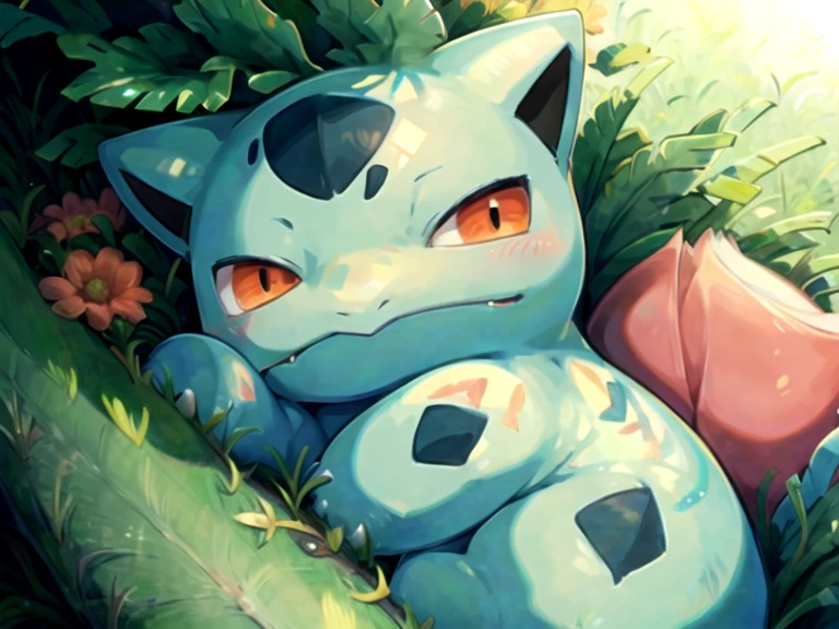 ivysaur, whole body, natural pokemon design, sleeping, Solo, sunny meadow