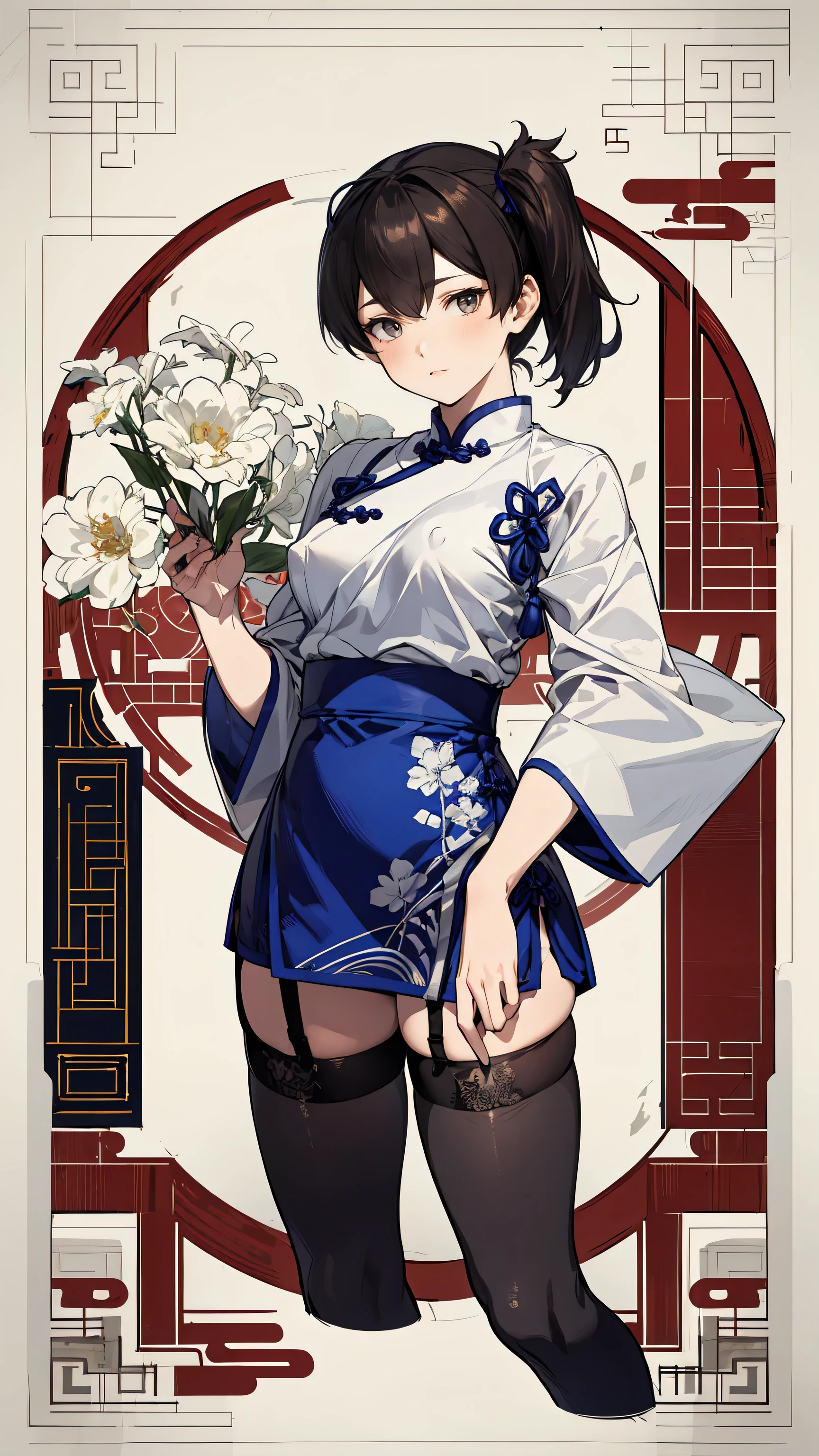 (masterpiece, highest quality) detailed, kaga (kancolle), {{kaga kai ni (kancolle)}}, side ponytail, brown eyes, black  hair, (Blue Simple Qipao), whole body,Chinese element pattern，(zettai ryouiki black Net tights and garter belt) no Weapon  (visible nipple)