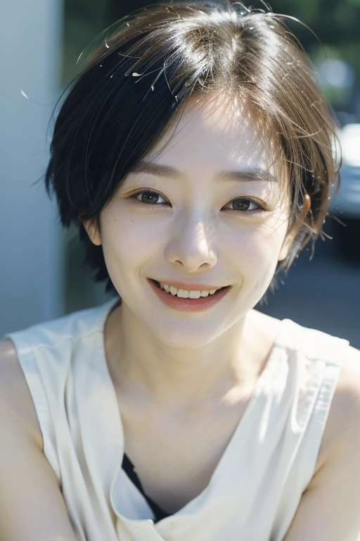 One Japanese girl, alone, androgynous, short hair, boyish、Droopy eyes、ennui、Fair skin、Sleepy face、Beauty、middle age, Japanese lady, Short Hair, accurate, Anatomically correct、Joyous smile, Beaming face , Cheerful grin