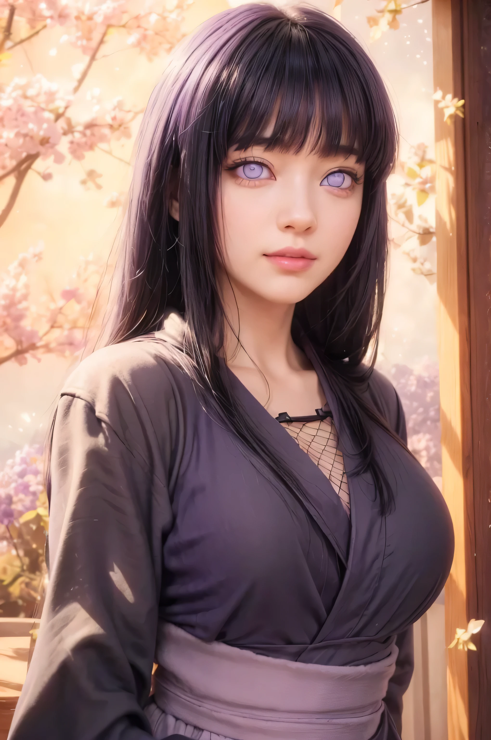 masterpiece, best quality, (realistic,photo-realistic:1.4), (RAW photo:1.2), extremely detailed CG unity 8k wallpaper, delicate and beautiful, amazing,finely detail, official art, absurdres, incredibly absurdres, huge filesize, ultra-detailed,extremely detailed eyes and face,light on face,hinata,(little smile),(black hair:1.4),,(wearing robe:1.5),(nature background:1.4),(light purple eyes:1.5),fishnet,(long hair:1.5)