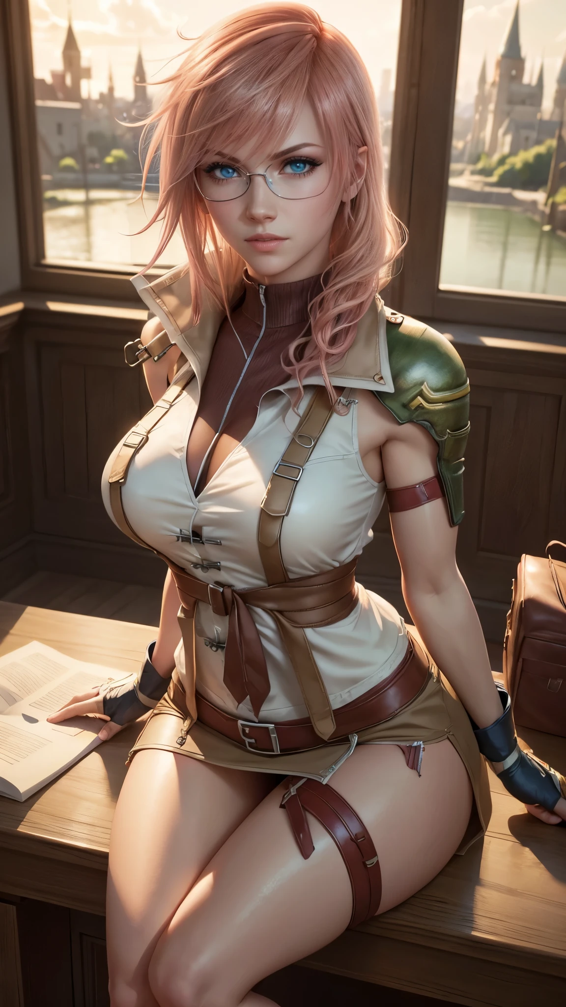 Lightning farron da Final Fantasy,(best quality, 4K,8k,high resolution,work of art:1.2)(weather: sunrise), castle school background, school room, wide hips, short curly hair, pink hair, necktie, teacher uniform, white short sleeve blouse, long bodycon skirt, pantyhose, suspenders, high heels, glasses, light makeup, red eyeshadow, sexy pose, sitting on s desk, ultra detailed,portrait,realistic,beautiful detailed green eyes, beautiful detailed lips,extremely detailed eye and face, long eyelashes,average, large breasts,flying hair,beaming smile, happy smile,powerful girl, bright coloured, dramatic lighting,