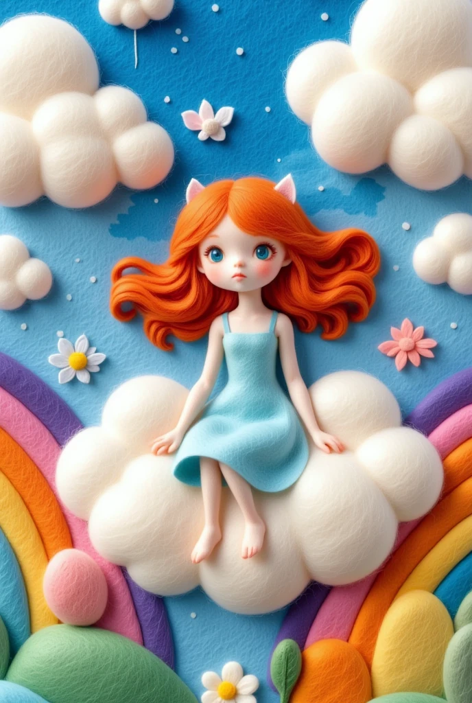 A delicate felt painting：Girl sitting on a fluffy cloud，Dreamy colors，fairy tale
