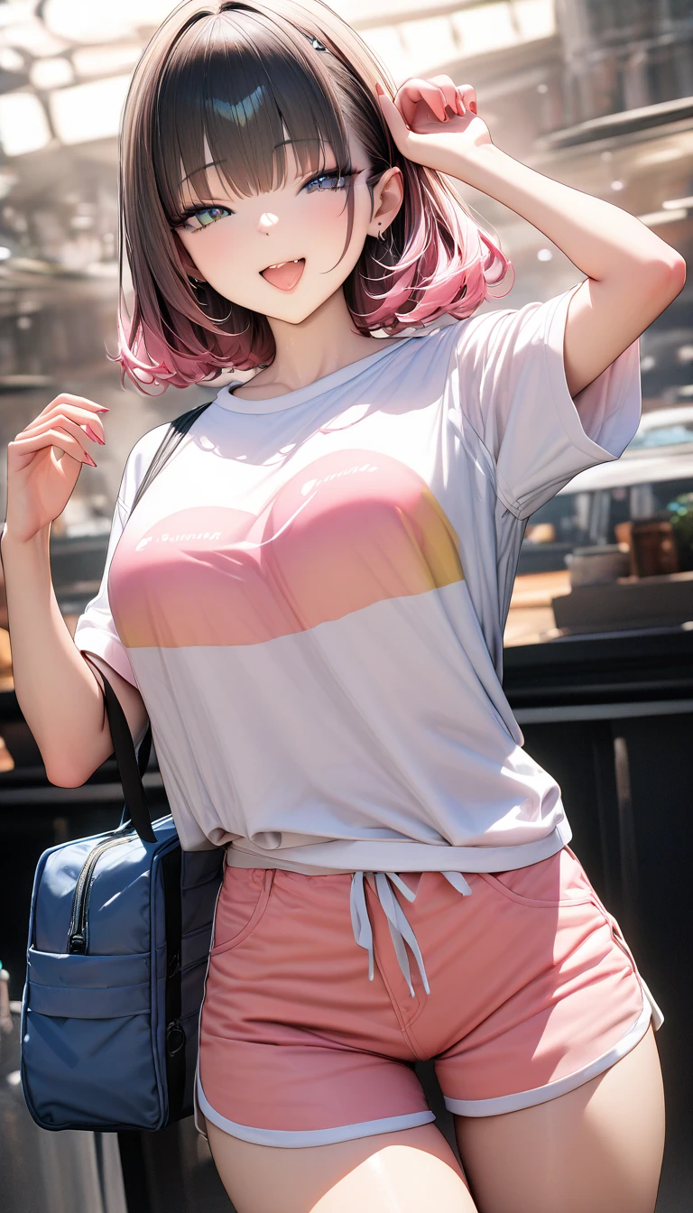 ((最high quality, 8k, masterpiece)), High resolution、（high quality: 1.5）、Very detailed、Detailed face、Bright colors、Natural light、Fine grain、Colorful eyes、Beautiful Face、Highly detailed face texture of a woman,masterpiece, 最high quality, Detailed and beautiful eyes,最high quality、Best image quality、masterpiece,girl,smile,From below,grin,(Brat),Pink Hair,Cute clothes,Printed shirt,Shorts,Just beautiful,masterpiece,(laugh at),最high quality、so beautiful,High resolution,1girl, solo,(masterpiece:1.2)、(最high quality:1.2)、Latest Glossy Skin