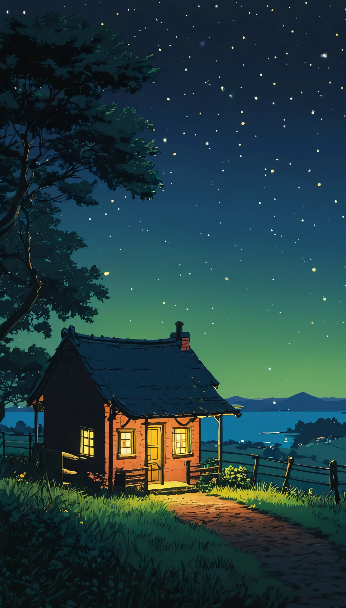 (Minimalism:1.4), Draw a simple Tintin style art, an old little brick hut    !!!,, lonely view from afar countryside night serene fireflies lighting dream studio Ghibli, miyazaki,  , Makoto Shinkai!!, anime movie background best quality best of SeaArt HD
