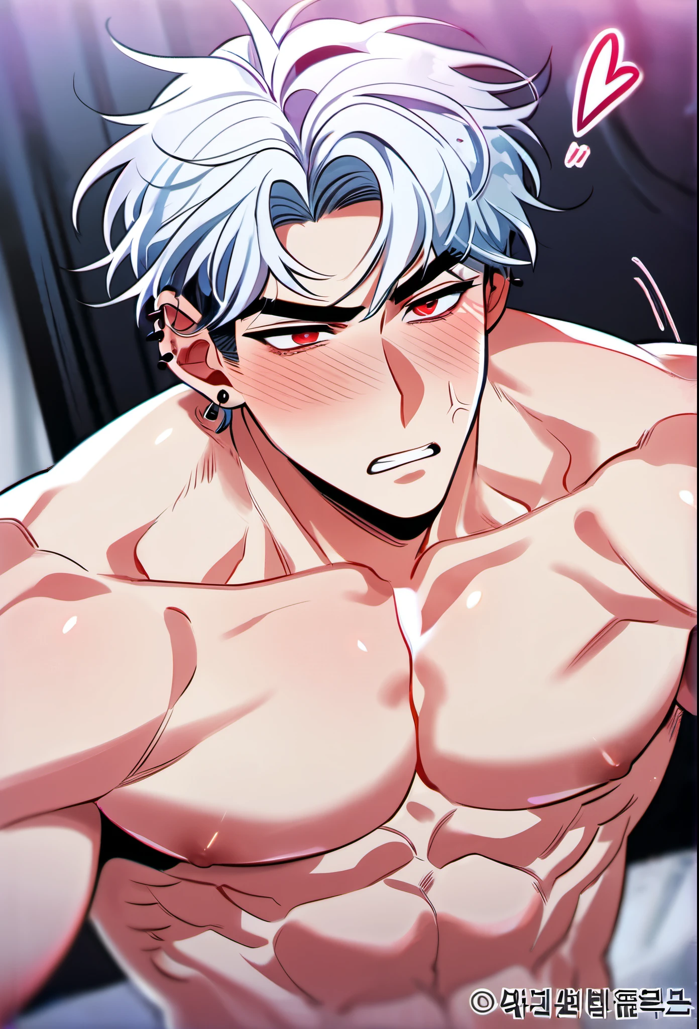 absurdres, highres, ultra detailed, HDR, master piece, best quality, detailed eyes, delicated features, Manhwa Style, Kang Woojin, Galaxy hair, messy medium hair, expressive ,thin eyebrows, Love Jinx, solo, sexy man, handsome, sensual, ear piercings, bare chest, toned chest, Blush, Jealous, Anger Vein, Yandere, tatto, Red Eyes, full body six-pack abs, gay, room, muscular, mafia style