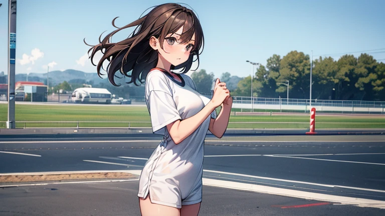 A Beautiful Cute Girl, Standing in the City Park after a long Run. She has (Lush, Long Dark-Brown Hair), (Pink Eyes), (Extremely Enormous Breasts: 1.4), (Very Wide Hips: 1.5), and a very Athletic and Muscular but still very Curvy Figure. She is wearing a ((Grey Gym-shirt, with Black accents)), ((Black Gym-shorts, with Pink Accents)), and (Pink Running shoes). ((Best Quality)), ((Best Detail)), (((1girl))), ((Perfect Anatomy)), ((Accurately Textured)),