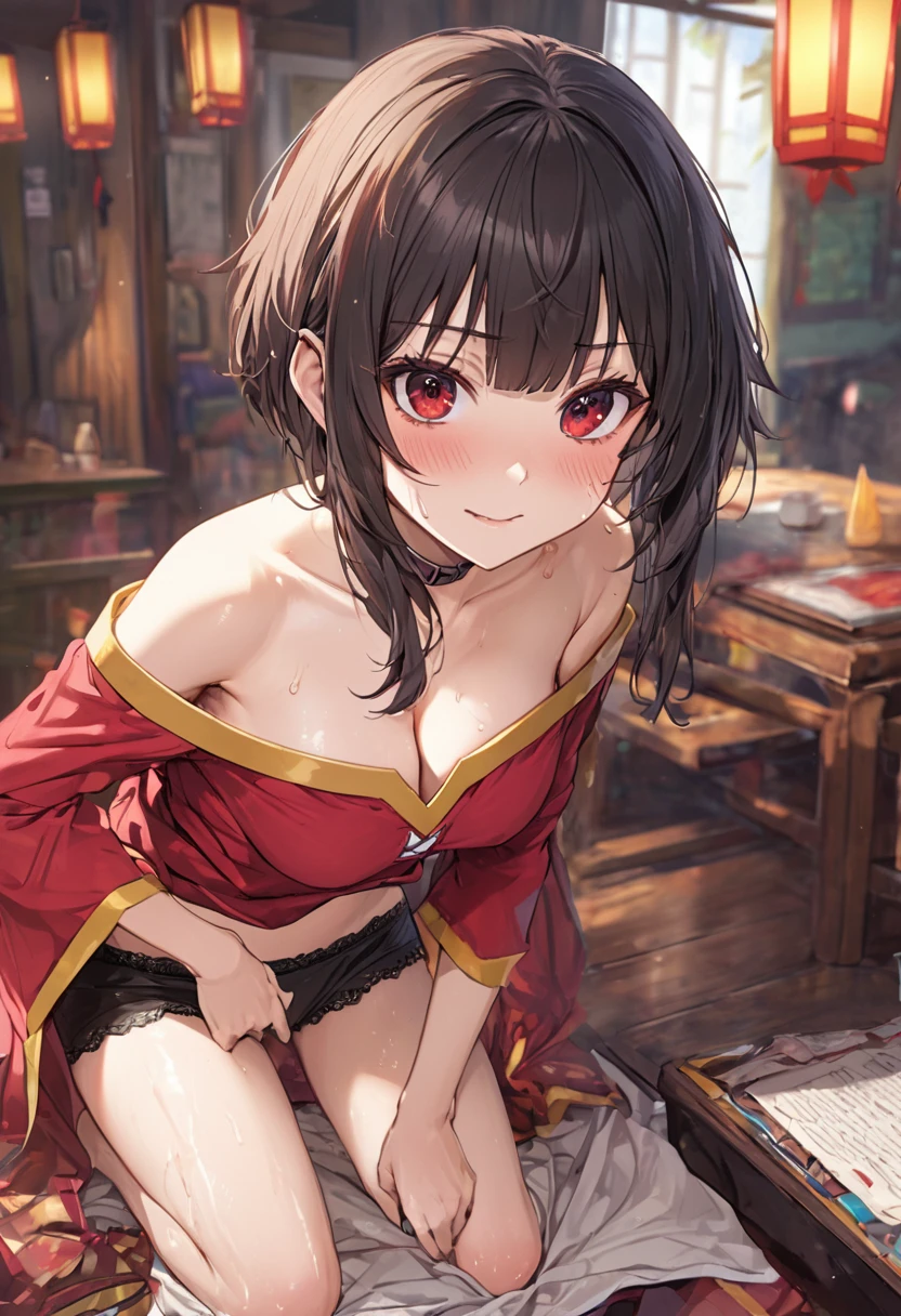 (NSFW:1.2)、(masterpiece、Best Quality、Super detailed、Anime-like、Built-in、Tabletop、Detailed face、cute)、Age 15、(((sweat)))、KonoSuba、Megumin、Black short hair、Red eyes、Sexy pose、Cleavage、Black underwear、((Dirty panties))、Focus on the butt、(((Smelly feet)))