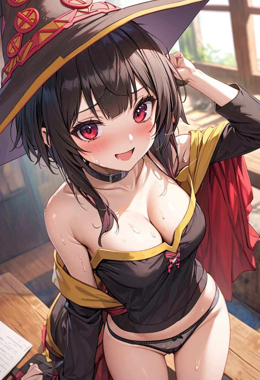 (NSFW:1.2)、(masterpiece、Best Quality、Super detailed、Anime-like、Built-in、Tabletop、Detailed face、cute)、Age 15、(((sweat)))、KonoSuba、Megumin、Black short hair、Red eyes、Sexy pose、Cleavage、Black underwear、((Dirty panties))、Focus on the butt