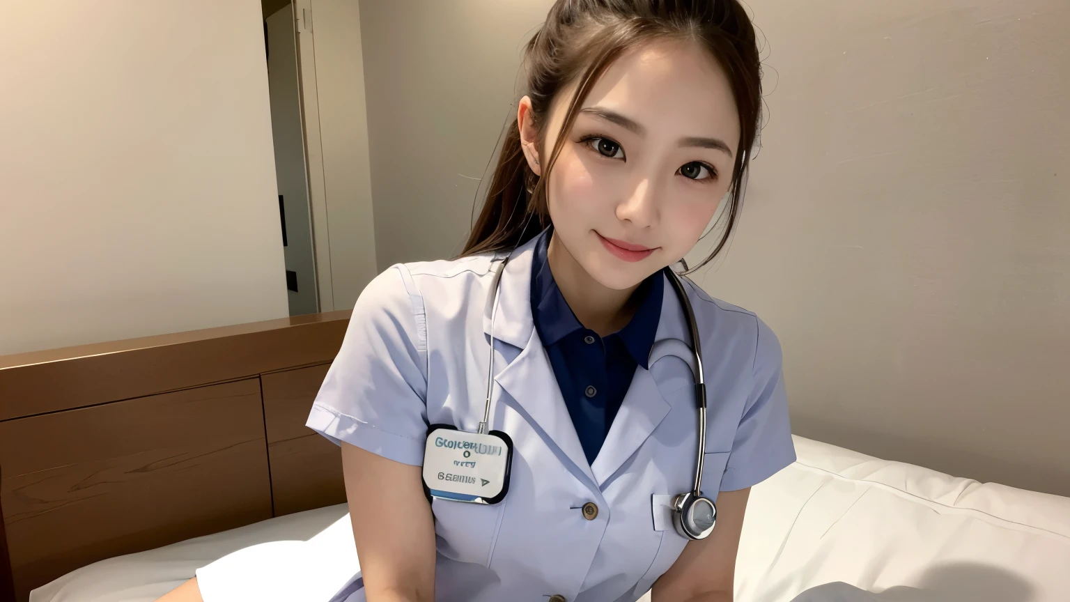 (Highest quality: 1.5), (Realistic: 1.5), (1 person: 1.5), Very detailed, High resolution, 8k,Natural color lips, Cute Smile, Japanese women, 20-year-old girl, Beautiful and elegant features, Perfect and beautiful face, Balanced big eyes, Beautiful and elegant features, Natural double eyelids, Natural Bangs, Beautiful thin nose, Beautiful Skin, Medium Bob Hair , Natural Bangs , Perfect and beautiful face, Slim face and figure, (Looking at the camera with a sweet smile), Bright lighting, Professional Lighting, Forward lighting, Beautiful feet: 1.2, Smooth Skin, Slender body, Slim waistline, slim thin thighs, Detailed clothing, (real short nurse uniform:1.2), (nurse:1.4), Ultra HD, Realistic, hospital, Light Pink