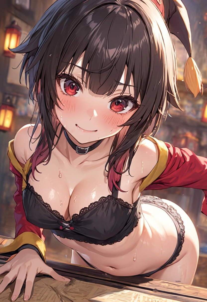 (NSFW:1.2)、(masterpiece、Best Quality、Super detailed、Anime-like、Built-in、Tabletop、Detailed face、cute)、Age 15、(((sweat)))、KonoSuba、Megumin、Black short hair、Red eyes、Sexy pose、Cleavage、Black underwear、((Dirty panties))、Focus on the butt、(((Fallatio)))