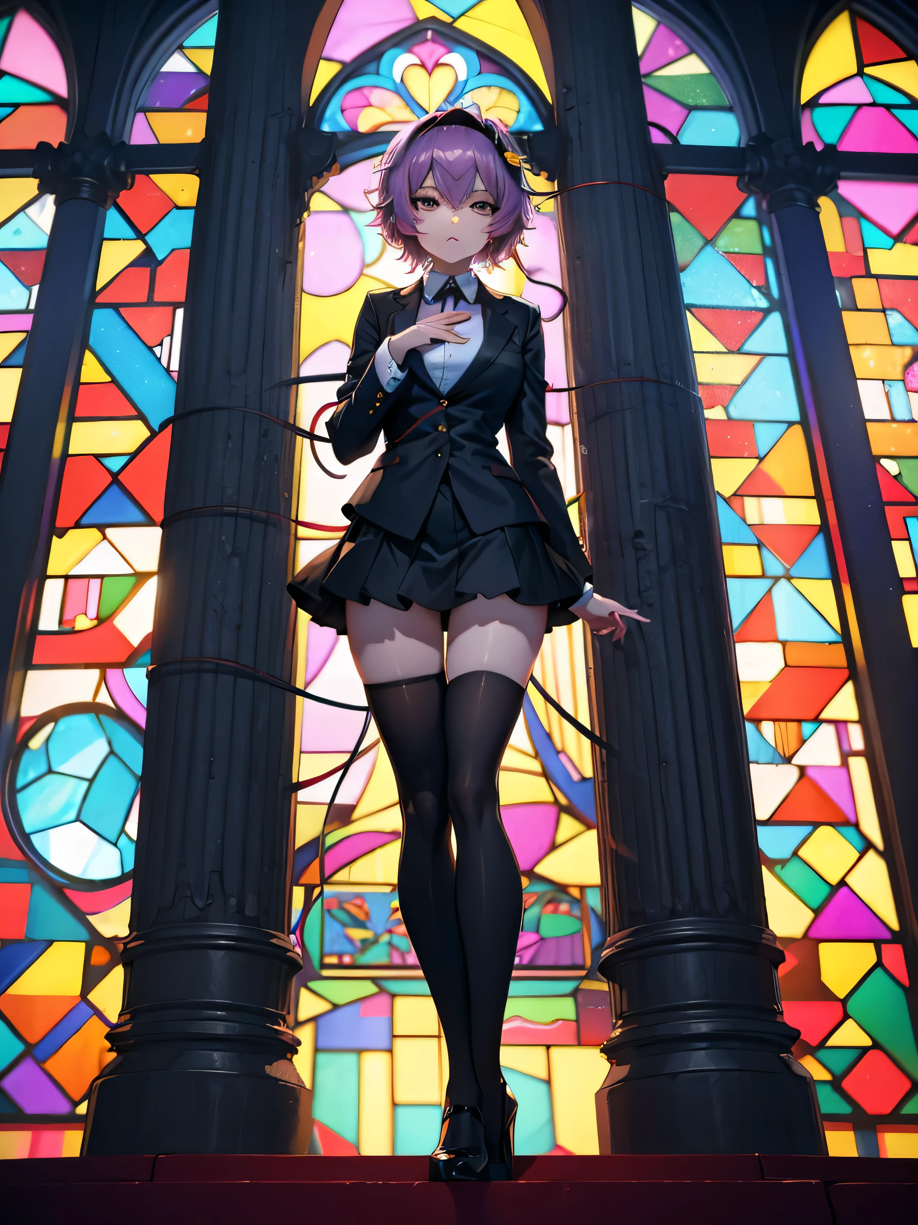 (Satori toho character standing alone), (solo), (stained glass), BREAK, short hair, large breasts, swaying back, (inconceivably narrow skinny waist), very short torso, long legs, BREAK, (black blazer:1.2), (black thighhighs:1.2), very short black skirt, (thigh gap), highheels