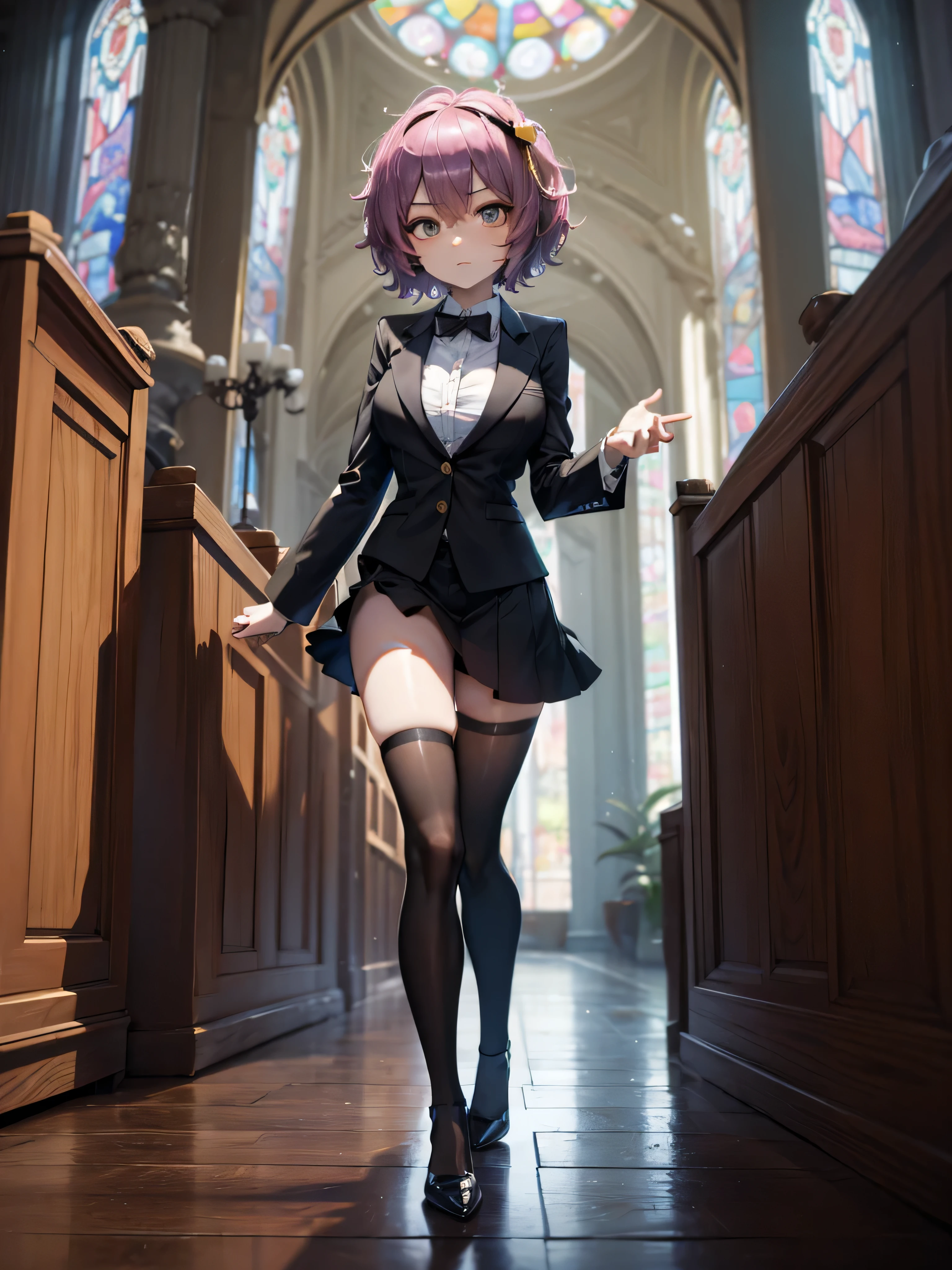 (Satori toho character standing alone), (solo), (stained glass), BREAK, short hair, large breasts, swaying back, (inconceivably narrow skinny waist), very short torso, long legs, BREAK, (black blazer:1.2), (black thighhighs:1.2), very short black skirt, (thigh gap), highheels