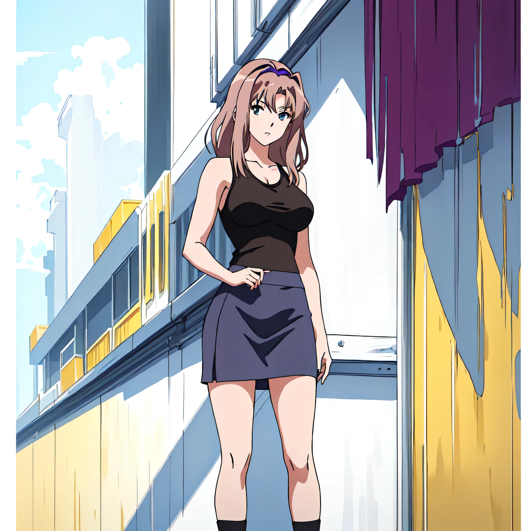 masterpiece, Best Quality, High resolution, 1woman, Close-up of a woman with long purple hair, Brown eyed woman, Alone, Classic Women, Big Breasts, A woman with very large breasts, Made by Anime Artist Studio, Boobs, clothing:Black Tank Top, collarbone, Women Romance, Anime Style, Muscular Woman, Skin tight tank top, Feminine and muscular, Attractive anime woman, Tall Woman, Adult sex appeal, Wearing a tight skirt, Anime dick!!!!, tanktop with an black, Bare shoulders, Standing, Bare Arms, Cowboy Shot, looking at viewer, Female focus,