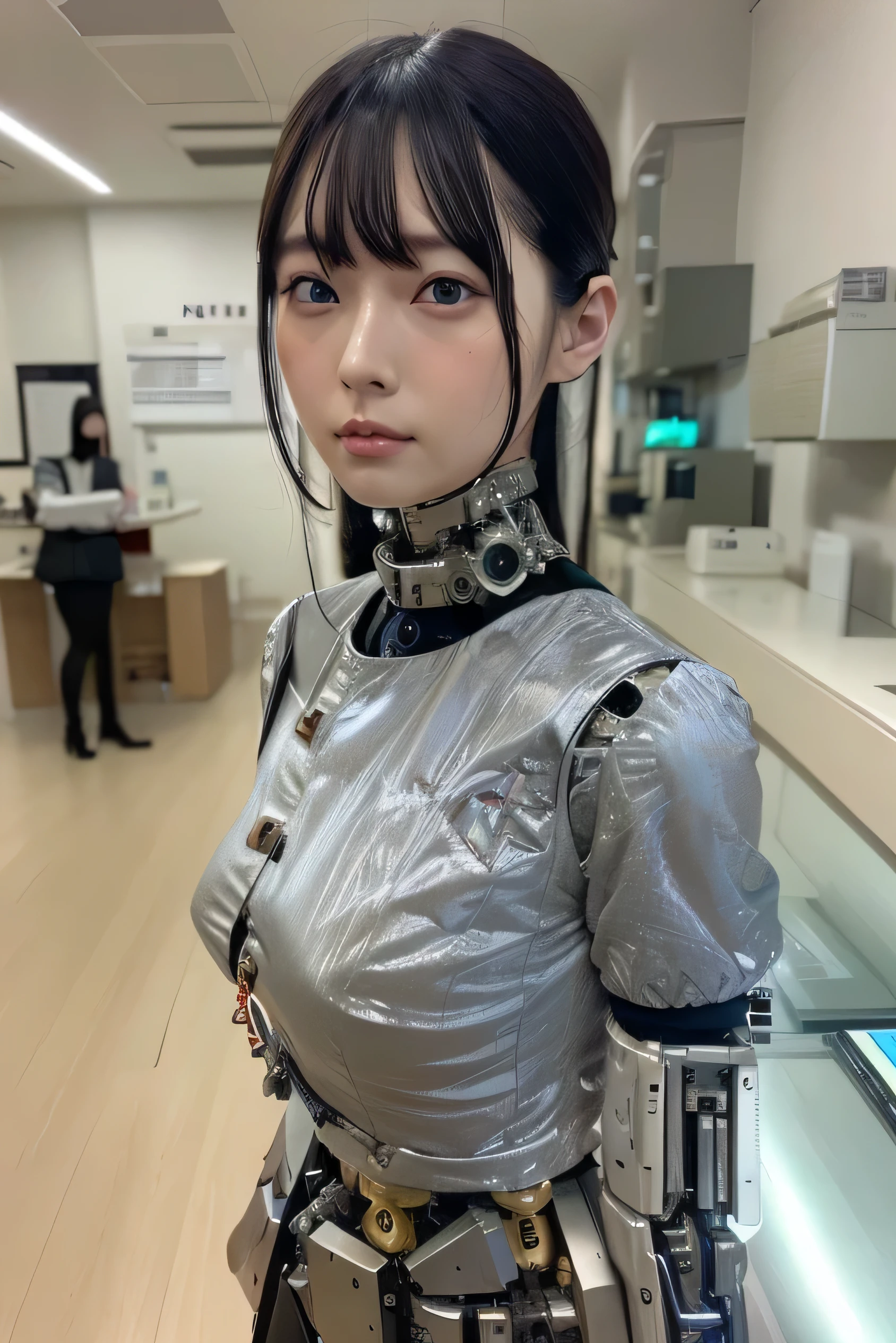 masterpiece, best quality, extremely detailed, Japaese android girl,Plump , hug,control panels,android,Droid,Mechanical Hand, Robot arms and legs, Black hair,Blunt bangs,perfect robot girl,long tube,thick cable connected her neck,apron,android,robot,humanoid,cyborg,japanese cyborg girl ,robot-assembly plant,She is assembled now,assembly scene,chest monitor,rolling eyes