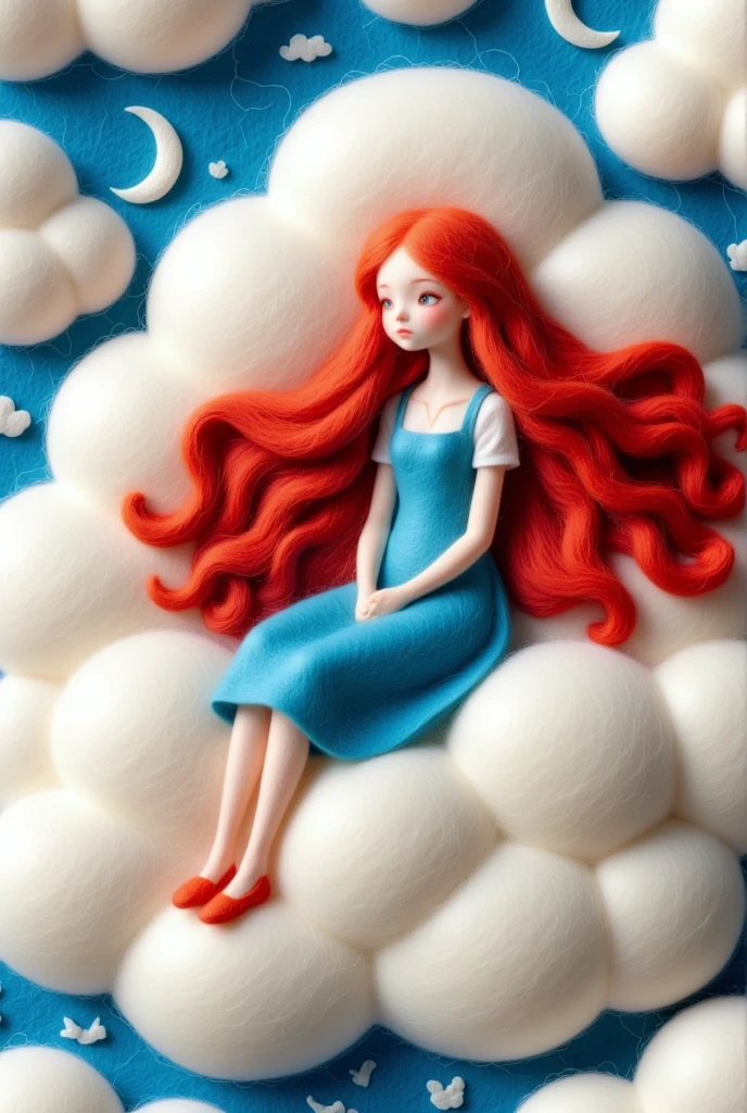 Wool Felt Art, needle felt art, Red long hair girl cloud, In the White Cloud Wonderland, Lying in the fairyland on the white clouds, In the White Cloud Wonderland, Fantasy puffy sky
