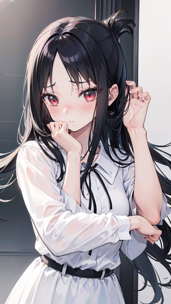 Girl with long black hair, Parting my hair,Perfect looks,
anime,Embarrassed expression
