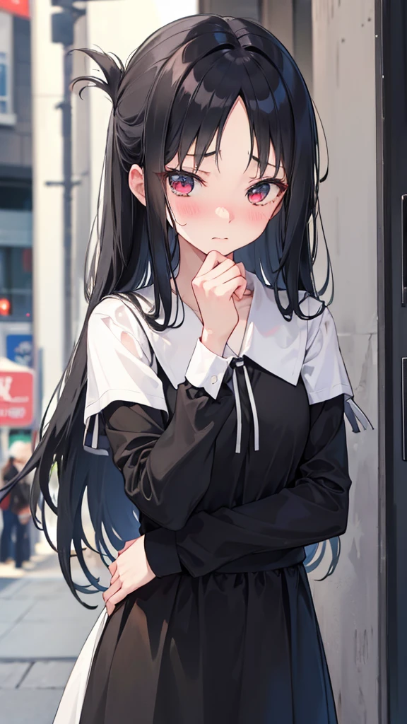 Girl with long black hair, Parting my hair,Perfect looks,
anime,Embarrassed expression
