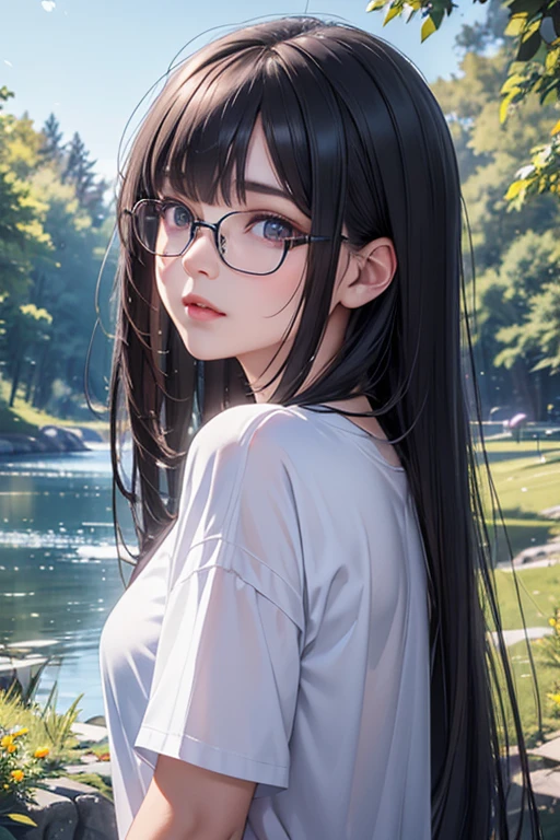 a girl with long straight black hair, blunt bangs, expressionless face, wearing an oversized t-shirt, glasses, beautiful detailed eyes, beautiful detailed lips, extremely detailed eyes and face, longeyelashes, in a serene nature landscape, (best quality,4k,8k,highres,masterpiece:1.2),ultra-detailed,(realistic,photorealistic,photo-realistic:1.37),HDR,UHD,studio lighting,ultra-fine painting,sharp focus,physically-based rendering,extreme detail description,professional,vivid colors,bokeh,landscape,photography