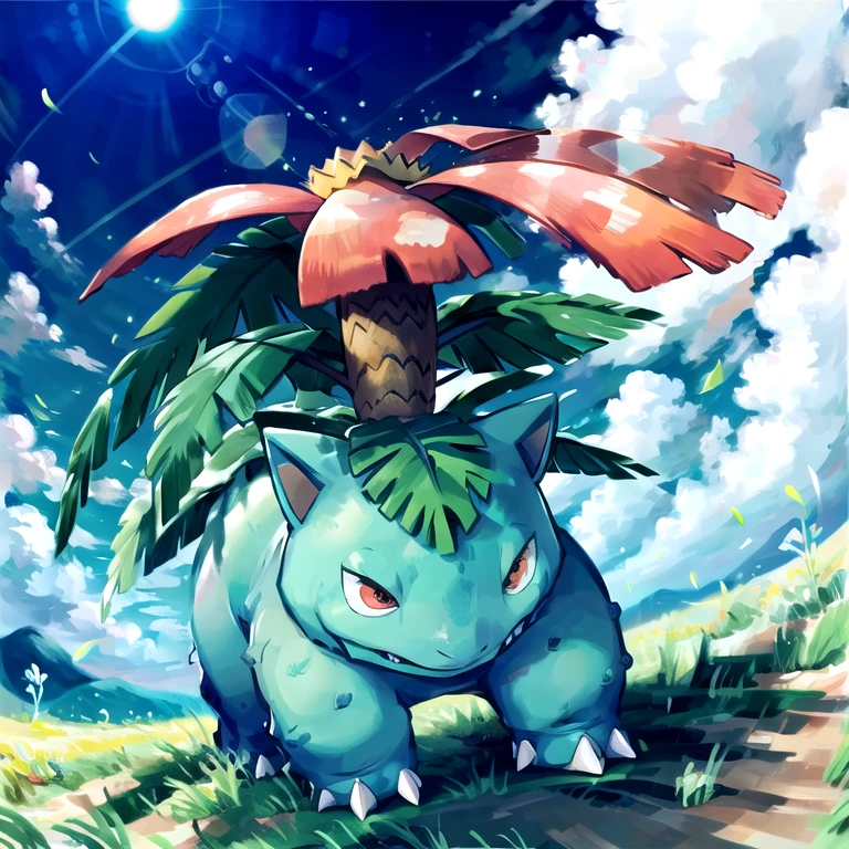 Venusaur, whole body, standing in the sun, Solo, sunny meadow