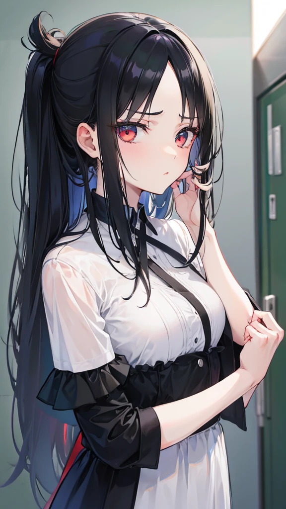 Girl with long black hair, Parting my hair,Perfect looks,
anime,Sulky look
