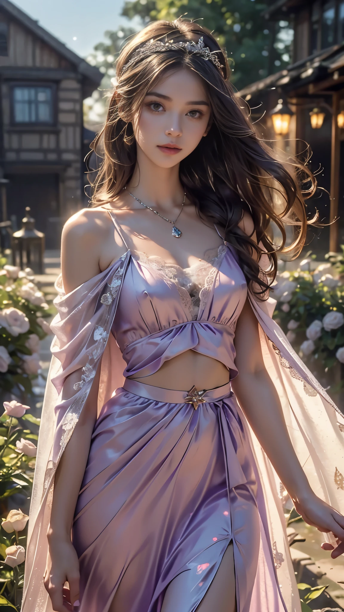 8K, UHD, masterpiece, 1 girl, good face, very long hair, detailed eyes, detailed lips, light makeup, small breasts, fairytale dress, purple dress, lace, stocking, in the cloud, cloudy sky, flowers, water, heaven, flying birds, dim lighting, realistic shadow, bloom, ray tracing,