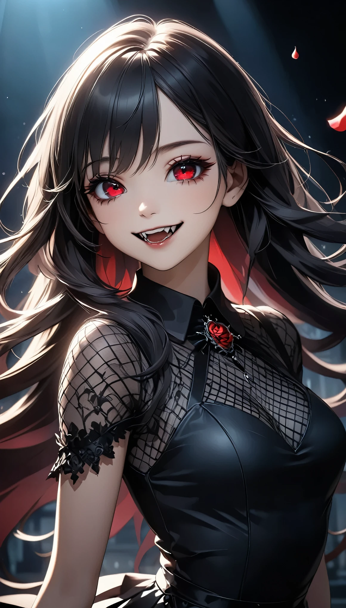 detailed textures, high quality, high resolution, high accuracy, Realism, color correction, correct lighting settings, harmonious composition. 1 girl, curvaceous, seductive girl, a vampire, a tempting look, mysterious eyes, long hair, black hair, looks at the viewer, head tilt, smile, fangs visible, blush, фантастическая глубина cutкости, (seductive and fatal), dark style, a vampire, Bat wings, Bats flying around, fog, blood spatter on the ground, Bloody Moon, Red Sky, dark theme--ar 3:4- Niji 6 , break masterpiece, high_cut, Beautiful face, Tyndall effect, photo realistic, (high detailed skin:1.2), 8 K uhd, SLR camera, high quality, photo, high cutolution, 4K, 8 K, hips