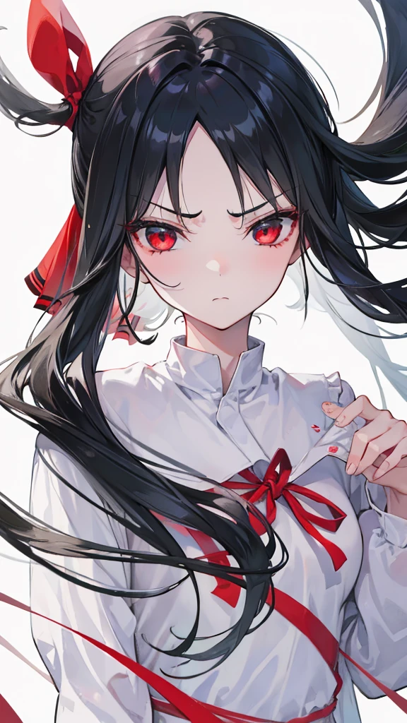 Girl with long black hair, Parting my hair,Perfect looks,
anime,Sulky look ,Red ribbon
