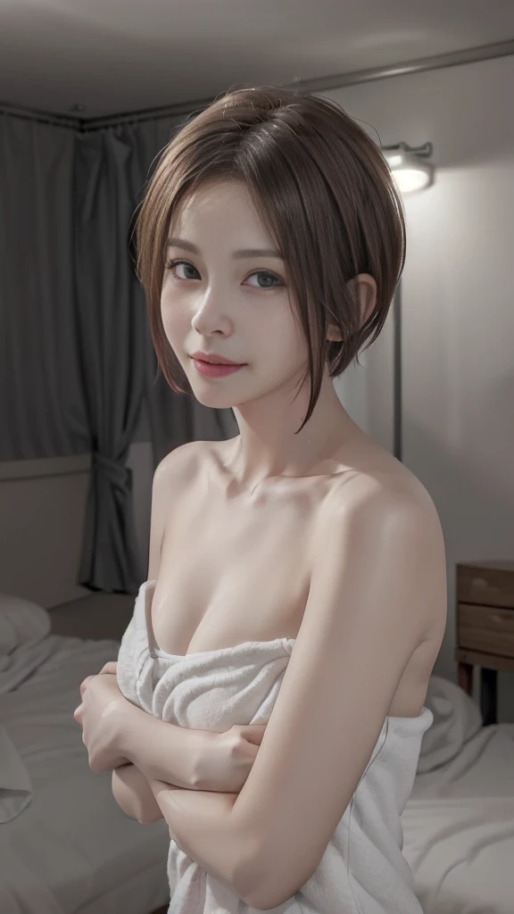 ((4K,masterpiece,best quality:1.5, ultra detailed)), (detailed background), 1girl, realistic, (beautiful detailed face), (Pixie Short Hair:1.2), wet body, (black hair), grey eyes, full lips, smirk, smug, playful, blushing, arms crossed, crossed arms, (bodytowel), large breasts, cleavage, bathroom, facing viewer, cowboy shot

(((night:1.8, Desaturated lighting、Ambient Lighting:1.3, A room with the lights off:1.8))),
(((Love hotel bedroom:1.8))), 
Lying in bed、Seductive Face、A female face in heat、
Wet Skin、Wet Hair、(steam), Fatty face、Open your mouth a little, Drooling, Big cleavage、Super big breasts