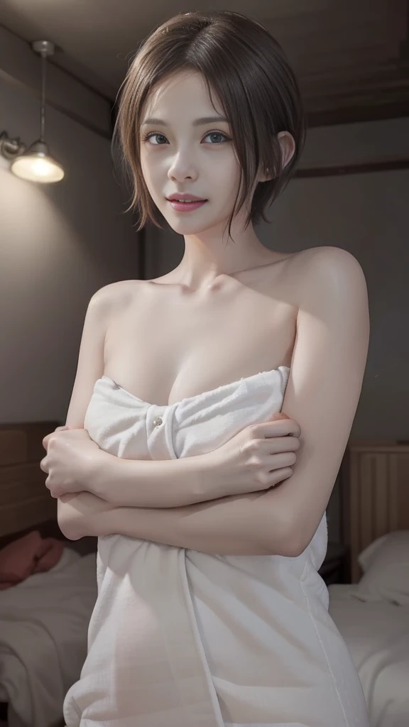 ((4K,masterpiece,best quality:1.5, ultra detailed)), (detailed background), 1girl, realistic, (beautiful detailed face), (Pixie Short Hair:1.2), wet body, (black hair), grey eyes, full lips, smirk, smug, playful, blushing, arms crossed, crossed arms, (bodytowel), large breasts, cleavage, bathroom, facing viewer, cowboy shot

(((night:1.8, Desaturated lighting、Ambient Lighting:1.3, A room with the lights off:1.8))),
(((Love hotel bedroom:1.8))), 
Lying in bed、Seductive Face、A female face in heat、
Wet Skin、Wet Hair、(steam), Fatty face、Open your mouth a little, Drooling, Big cleavage、Super big breasts