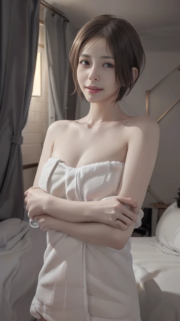 ((4K,masterpiece,best quality:1.5, ultra detailed)), (detailed background), 1girl, realistic, (beautiful detailed face), (Pixie Short Hair:1.2), wet body, (black hair), grey eyes, full lips, smirk, smug, playful, blushing, arms crossed, crossed arms, (bodytowel), large breasts, cleavage, bathroom, facing viewer, cowboy shot

(((night:1.8, Desaturated lighting、Ambient Lighting:1.3, A room with the lights off:1.8))),
(((Love hotel bedroom:1.8))), 
Lying in bed、Seductive Face、A female face in heat、
Wet Skin、Wet Hair、(steam), Fatty face、Open your mouth a little, Drooling, Big cleavage、Super big breasts