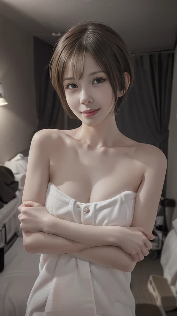 ((4K,masterpiece,best quality:1.5, ultra detailed)), (detailed background), 1girl, realistic, (beautiful detailed face), (Pixie Short Hair:1.2), wet body, (black hair), grey eyes, full lips, smirk, smug, playful, blushing, arms crossed, crossed arms, (bodytowel), large breasts, cleavage, bathroom, facing viewer, cowboy shot

(((night:1.8, Desaturated lighting、Ambient Lighting:1.3, A room with the lights off:1.8))),
(((Love hotel bedroom:1.8))), 
Lying in bed、Seductive Face、A female face in heat、
Wet Skin、Wet Hair、(steam), Fatty face、Open your mouth a little, Drooling, Big cleavage、Super big breasts