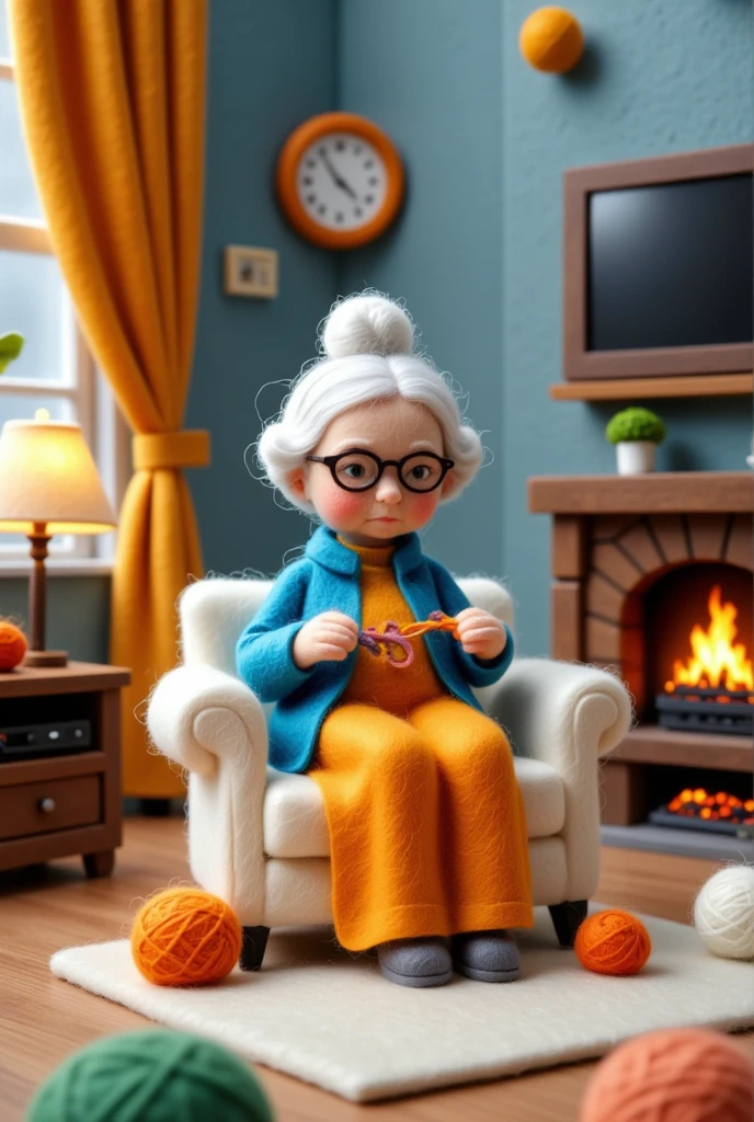 A small and cute 3D felt grandma, Sitting on the sofa in the living room, Knit sweaters, A wad of yarn, A cat, fireplace, A TV is provided.. light
