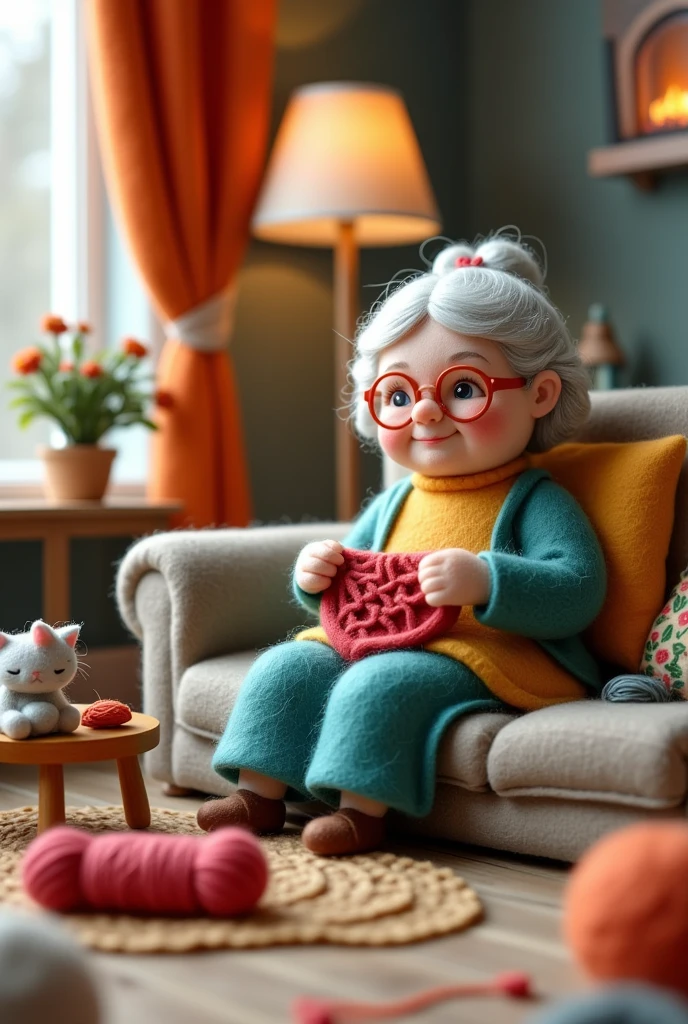 A small and cute 3D felt grandma, Sitting on the sofa in the living room, Knit sweaters, A wad of yarn, A cat, fireplace, A TV is provided.. light
