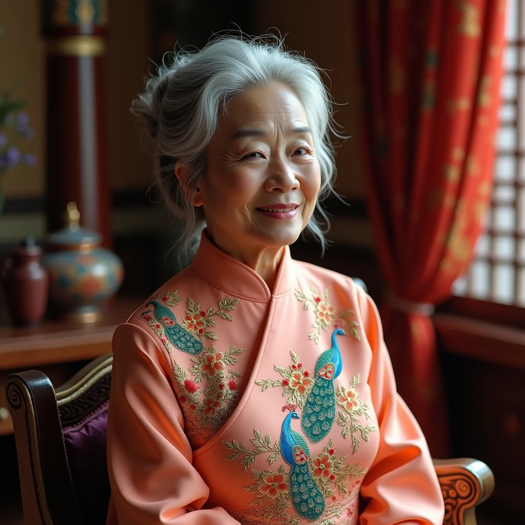 High Quality, High detail, High resolution, FHD, 1080P, 2K4K18K, 1 60 year old woman, beautiful old man, Alone, (From the front), Vietnamese traditional ao dai, studio, simple background, 
