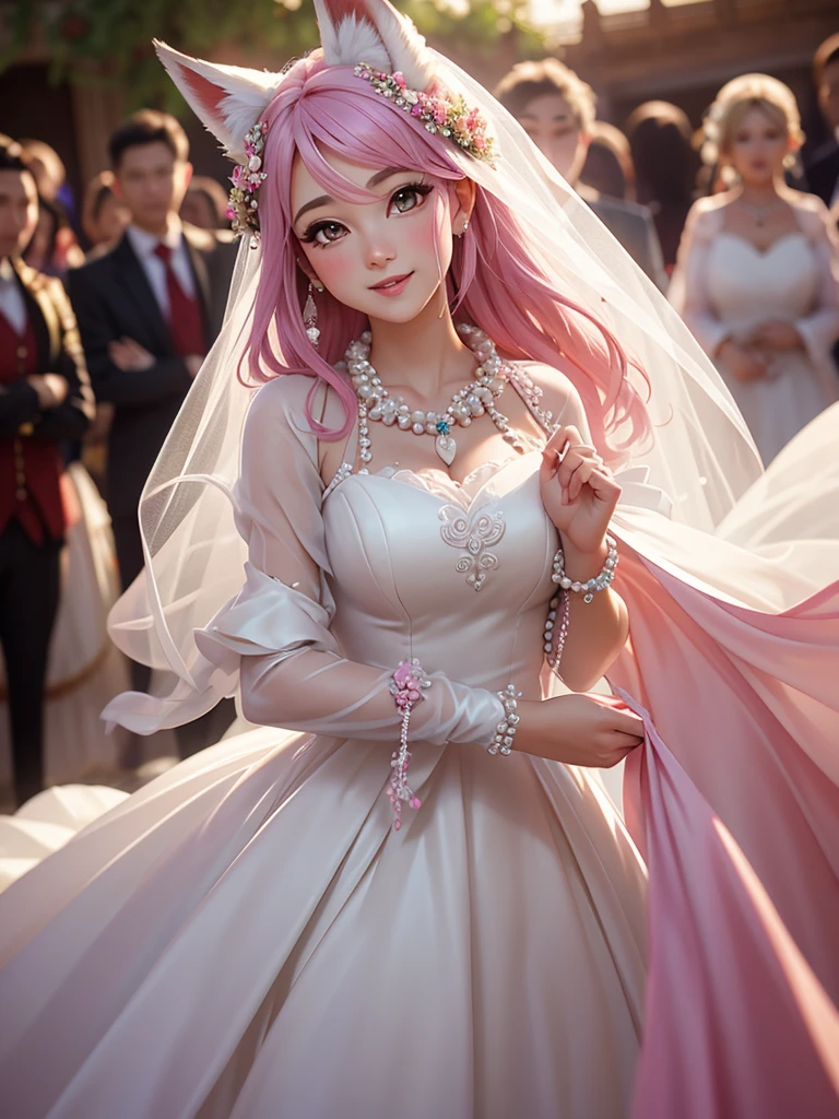 Adorned with a resplendent white dress that reflects the purity of her soul. Her beautifully long pink hair captures the essence of starlight, a breathtaking display of natural beauty. His golden eyes, a kaleidoscope of vivid hues, reflect the vast glow of the sun. This is the perfect wedding dress with a tight fit Bodycon, the arms and collar are made of lace. Her veil disappears like mist above the ocean as she walks across the sand towards the viewer. The sky is a bright and wonderful shade of blue sky, a fantastic representation of your wedding day. His innocent smile, so pure, could melt any man's soul. (eyes:1.3),