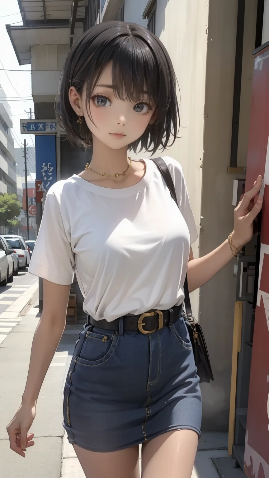 ((masterpiece, Please redeem, Very detailed)), Anime CG, One Girl, 20 years old, Full make-up, Black Hair, Bobcut, bangs, break ((Beautiful black eyes)), Big Eyes, Droopy eyes, medium breasts, Clevis, smile, View your viewers, Monochrome gothic casual spring young woman/Summer Fashion. She is wearing a black see-through shirt, black micro mini skirt,. Accessories、Layered silver necklaces and wide belt. background: Urban Scene,
