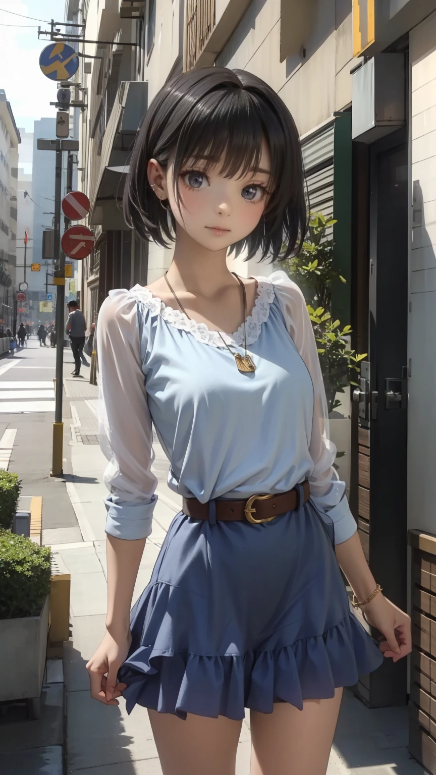 ((masterpiece, Please redeem, Very detailed)), Anime CG, One Girl, 20 years old, Full make-up, Black Hair, Bobcut, bangs, break ((Beautiful black eyes)), Big Eyes, Droopy eyes, medium breasts, Clevis, smile, View your viewers, Monochrome gothic casual spring young woman/Summer Fashion. She is wearing a black see-through shirt, black micro mini skirt,. Accessories、Layered silver necklaces and wide belt. background: Urban Scene,
