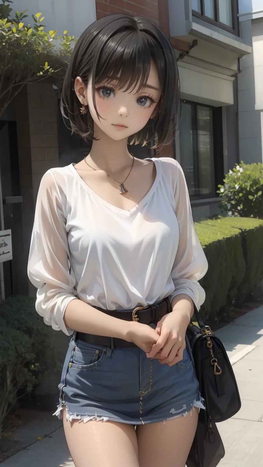 ((masterpiece, Please redeem, Very detailed)), Anime CG, One Girl, 20 years old, Full make-up, Black Hair, Bobcut, bangs, break ((Beautiful black eyes)), Big Eyes, Droopy eyes, medium breasts, Clevis, smile, View your viewers, Monochrome gothic casual spring young woman/Summer Fashion. She is wearing a black see-through shirt, black micro mini skirt,. Accessories、Layered silver necklaces and wide belt. background: Urban Scene,
