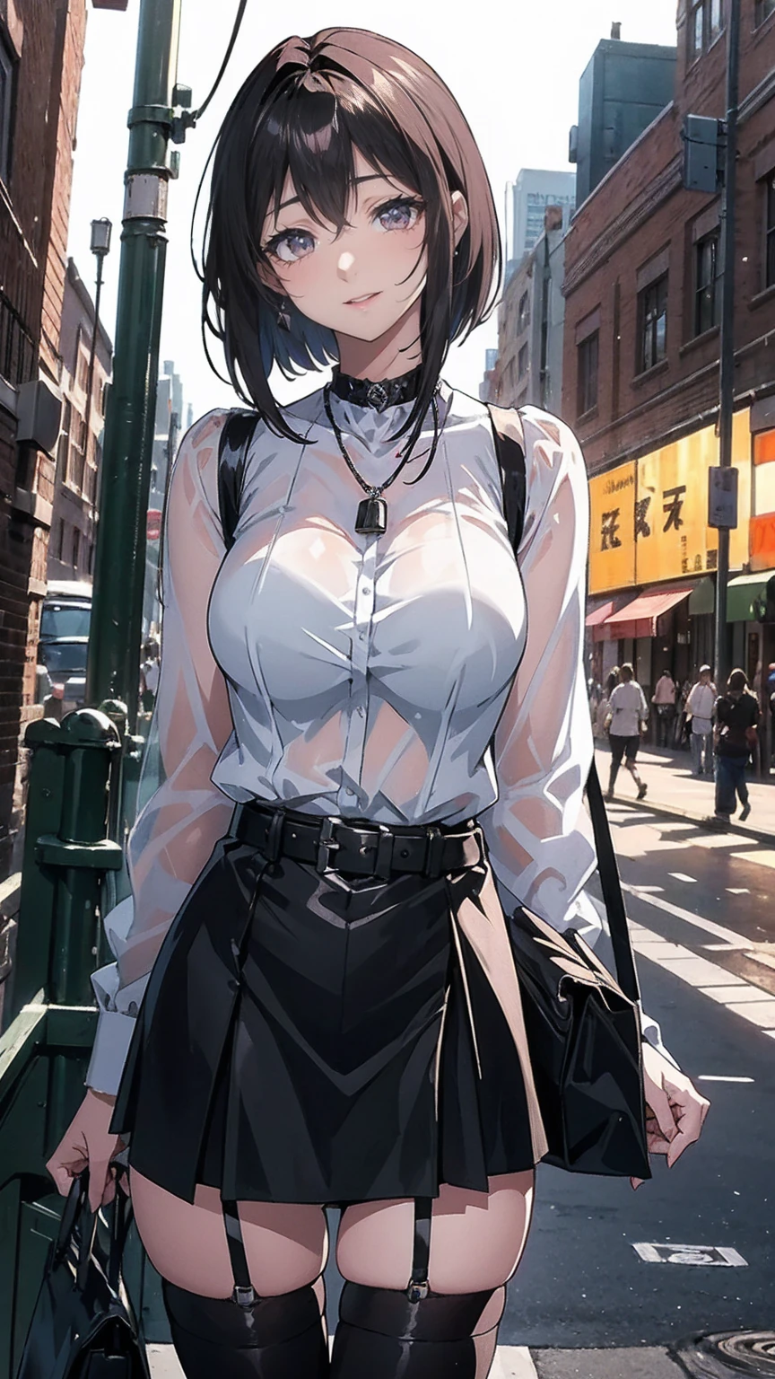 ((masterpiece, Please redeem, Very detailed)), Anime CG, One Girl, 20 years old, Full make-up, Black Hair, Bobcut, bangs, break ((Beautiful black eyes)), Big Eyes, Droopy eyes, medium breasts, Clevis, smile, View your viewers, Monochrome gothic casual spring young woman/Summer Fashion. She is wearing a black see-through shirt, black micro mini skirt,. Accessories、Layered silver necklaces and wide belt. background: Urban Scene,
