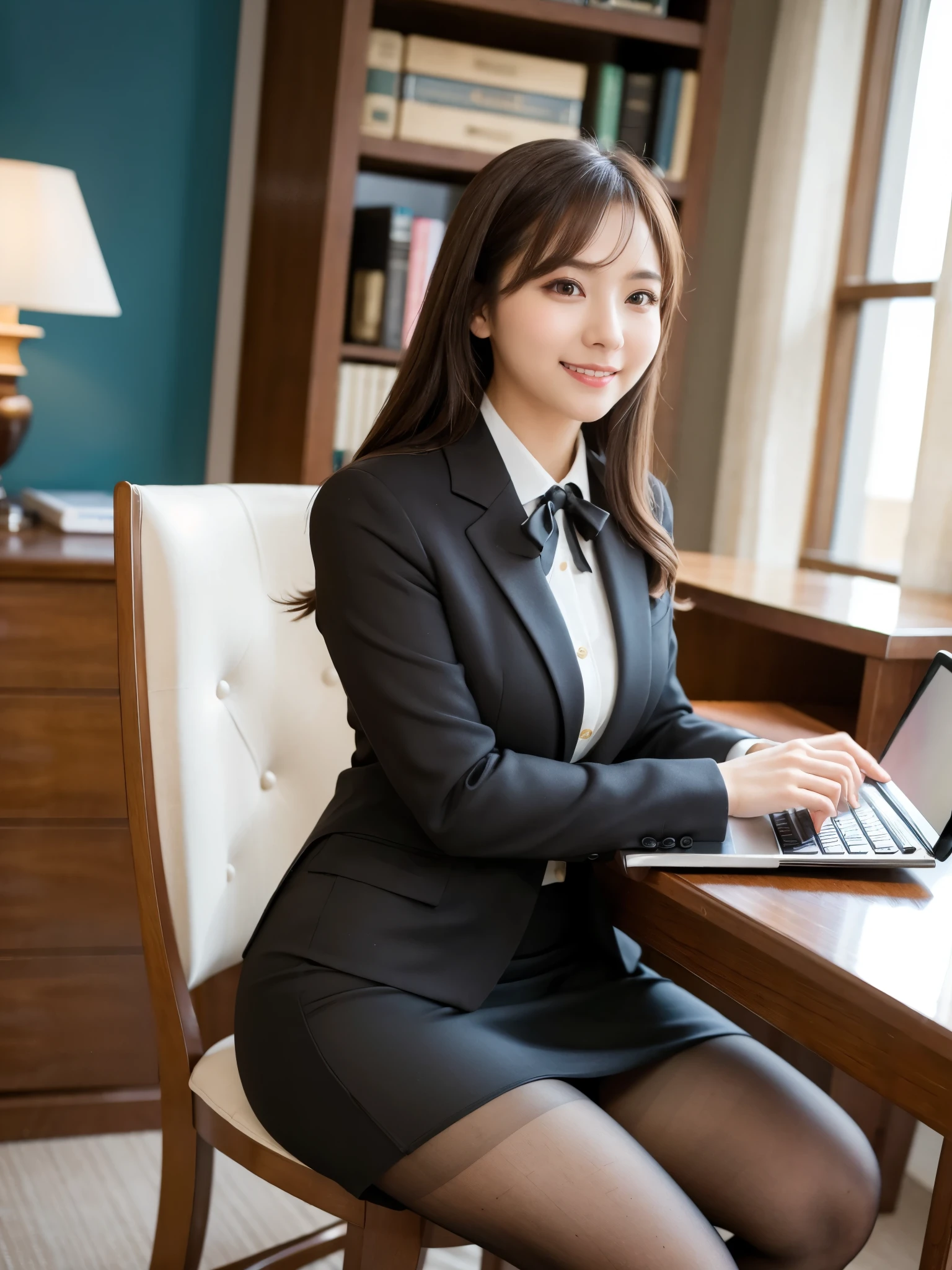 (((masterpiece))), (((Highest quality: 1.4))), ((Super detailed: 1.4)) , Woman in suit using tablet computer in room, A captivating beauty、Pencil Skirt、Ultra-realistic pantyhose、Skirts and pantyhose、A hardworking and capable beautiful secretary、work, Under the desk, you can see her legs in pantyhose as she sits on a chair、Live-action movie stills,  Full Device, With the magic tablet, Profile Pose, [ Realistic photos ]!!, Serious Work, sloth, Elegant appearance, Grin、Feeling of love、