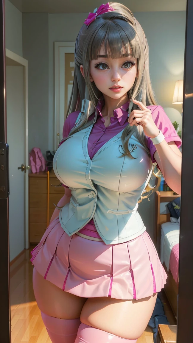 (masterpiece, best quality, ultra-detailed, 8K),(elf),(perfect female body, thicc hips),slim,abs,hourglass body shape, tall, (multicolored hair,pink/platinum blonde hair), braids, beautiful goddess,dark cellar,nsfw, lewd, seductive, (wear apron, maid uniform), Huge breasts:1.8, dripping milk from nipple, Milking nipples.