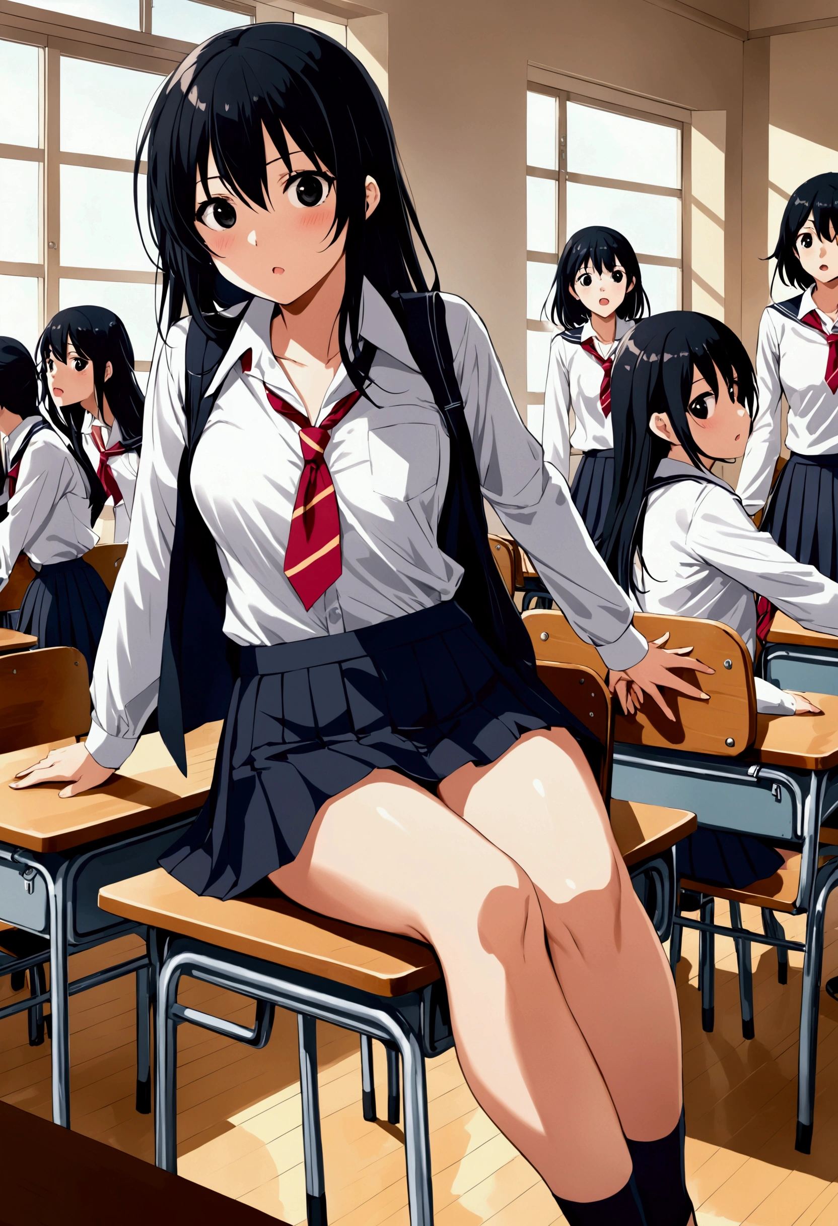 (superflat, flat shading, flat colors), masterpiece, best quality, classroom, 3girls, goth makeup, schoolgirl, loli, petite, child 10yo, black dress, school skirt, upskirt, lace stockings, lace panties, black classroom, hugging from behind, doggystyle, sex, passion, pleasure