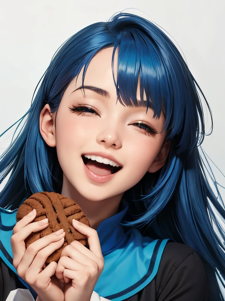 blue hair,  a girl laughing, open mouth, background full of cookies,