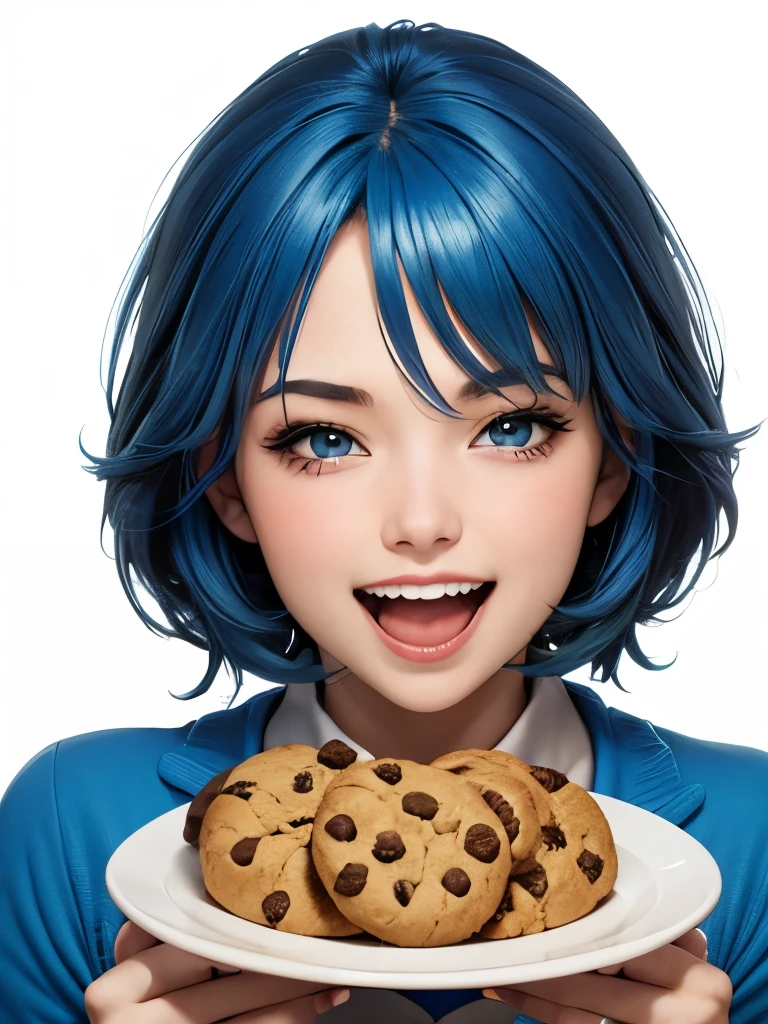 blue hair,  a girl laughing, open mouth, background full of cookies,