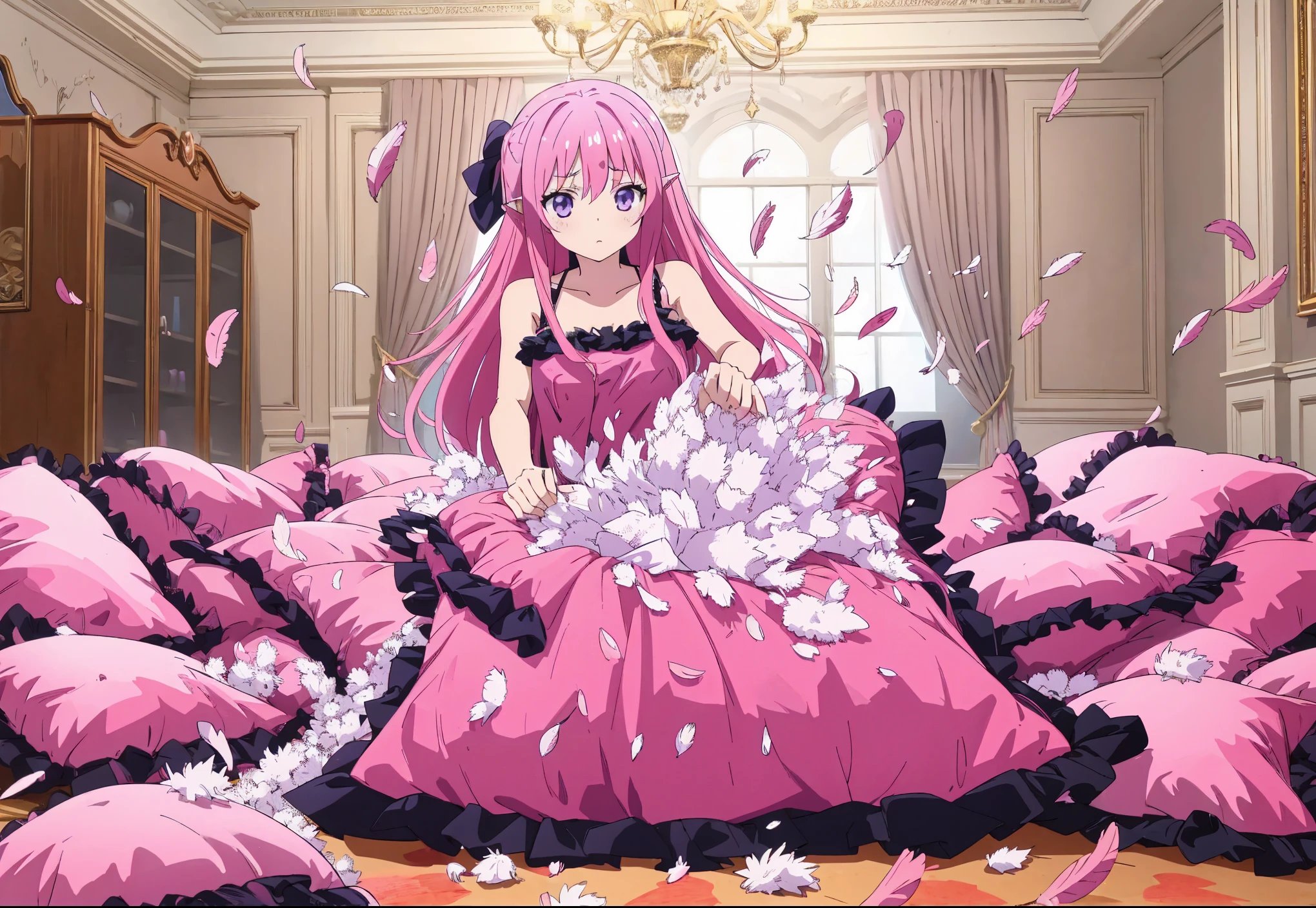 (best quality, masterpiece),1 girl, solo, nsfw, mine , details, Anime style. a full-body with up perspective of an anime-style pink long hair age girl with a purple eyes and wearing pink black polkadot camisole, standing and placing a giant frilled dark-pink satin square cushion with a black frills on the floor, tearing and ripping it with both hands until it's completely destroyed and then the stuffing of the cushion is taken and spread out using her hands too. After ruining it, the cushion should be ripping open with feathers and stuffing flying everywhere.The girl should have a ahegao expression, focused on her task. The scene should show her in a luxury and cozy room with pile of many giant frilled dark-pink satin square cushion with a black frills around the floor, with the chaotic explosion of feathes around her, emphasizing the intense action, Hatsune ,(((pink hair))), long hair, purple eyes, hair rings, star hair ornament, pointy ears