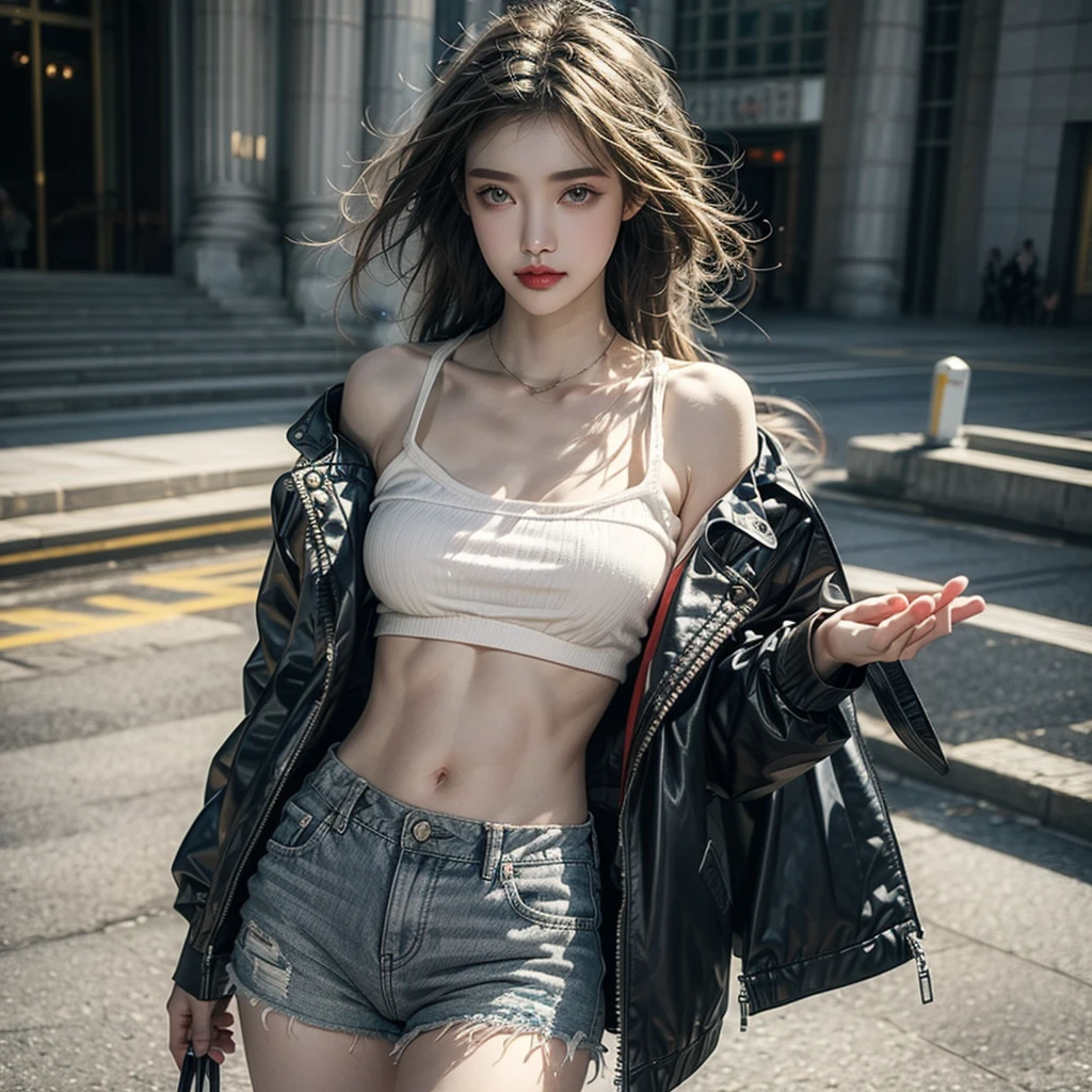 a girl, light brown hair, long hair, hazel eyes, attractive, beautiful, light brown shorts with pockets, dark grey shirt, military jacket without closure, Hands in shorts pockets, in a destroyed city, at dawn, pale skin, strong abs: 1.2, Very detailed skin and face texture, detailed eyes, double eyelids, red lips (Better quality, 8K, masterpiece: 1.3), Perfect Hands, Clear focus: 1.2, Beauty, high quality, detailed background.