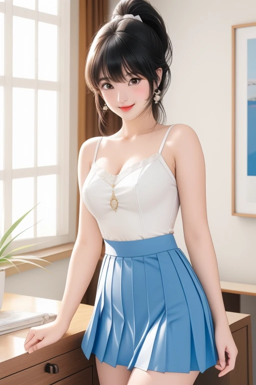 1girl,high solution,anime girl, bangs,white tight camisole,standing,cowboy shot,dynamic angle BREAK (smile),looking at viewer,(pleated blue mini skirt:1.2),(skirt lift,white panties),white pantie, blurry, blurry background, blush, bottomless, breasts, closed mouth, no bra, cum, dress shirt, dutch angle, erection, hair between eyes, hair ribbon, hetero, indoors, jewelry, long hair, looking at viewer, pencil skirt, ponytail, pubic hair, ring, skirt, solo focus, table, uncensored, veins,white pantie,panty line,turn back,